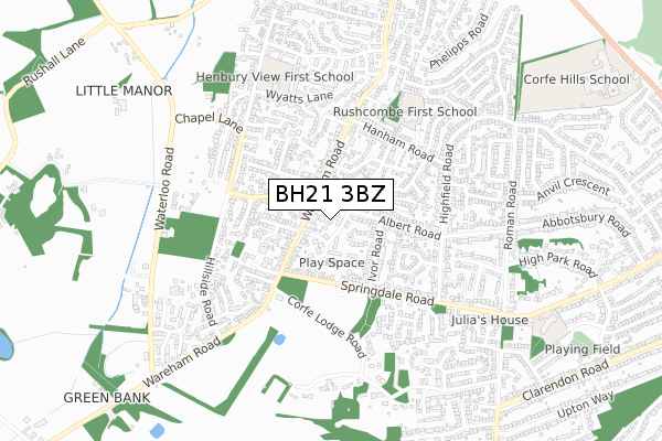 BH21 3BZ map - small scale - OS Open Zoomstack (Ordnance Survey)