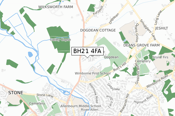 BH21 4FA map - small scale - OS Open Zoomstack (Ordnance Survey)