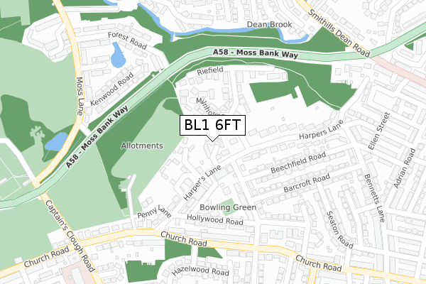 BL1 6FT map - large scale - OS Open Zoomstack (Ordnance Survey)