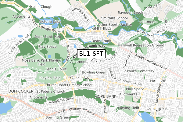 BL1 6FT map - small scale - OS Open Zoomstack (Ordnance Survey)