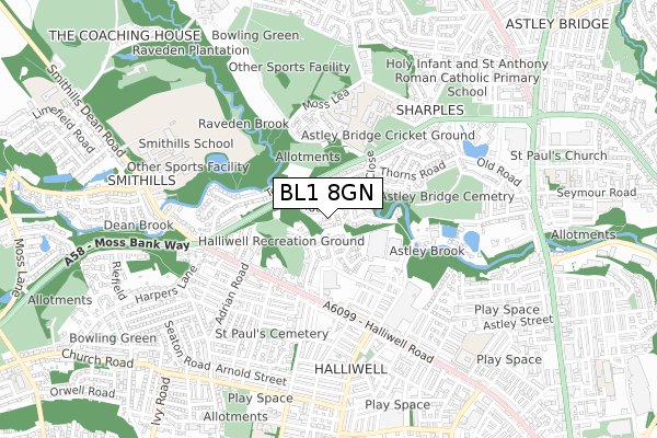 BL1 8GN map - small scale - OS Open Zoomstack (Ordnance Survey)