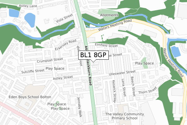 BL1 8GP map - large scale - OS Open Zoomstack (Ordnance Survey)