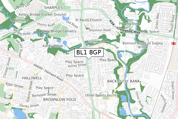 BL1 8GP map - small scale - OS Open Zoomstack (Ordnance Survey)