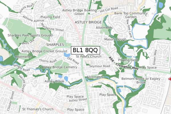 BL1 8QQ map - small scale - OS Open Zoomstack (Ordnance Survey)