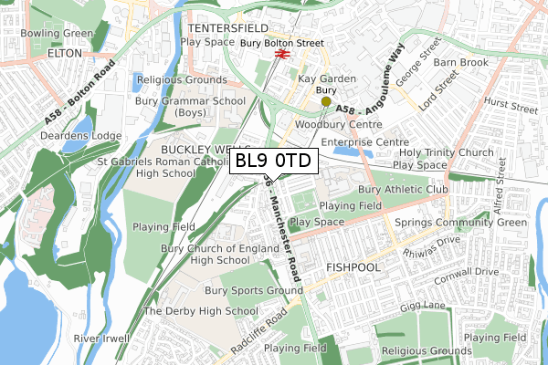 BL9 0TD map - small scale - OS Open Zoomstack (Ordnance Survey)