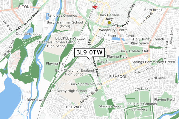 BL9 0TW map - small scale - OS Open Zoomstack (Ordnance Survey)