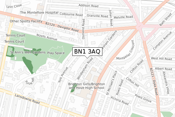 BN1 3AQ map - large scale - OS Open Zoomstack (Ordnance Survey)