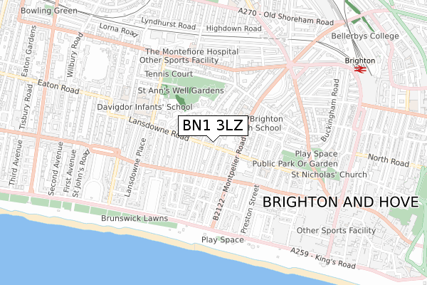 BN1 3LZ map - small scale - OS Open Zoomstack (Ordnance Survey)