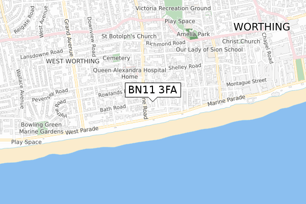 BN11 3FA map - small scale - OS Open Zoomstack (Ordnance Survey)