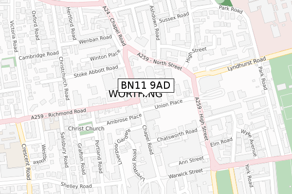 BN11 9AD map - large scale - OS Open Zoomstack (Ordnance Survey)