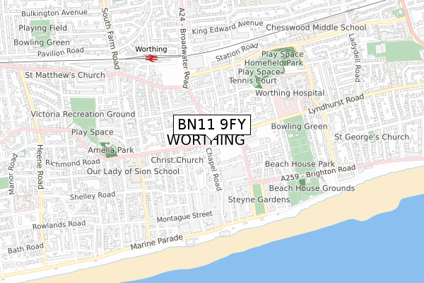 BN11 9FY map - small scale - OS Open Zoomstack (Ordnance Survey) BN11 9FY map - small scale - OS Open Zoomstack (Ordnance Survey)