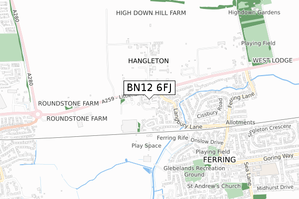 BN12 6FJ map - small scale - OS Open Zoomstack (Ordnance Survey)