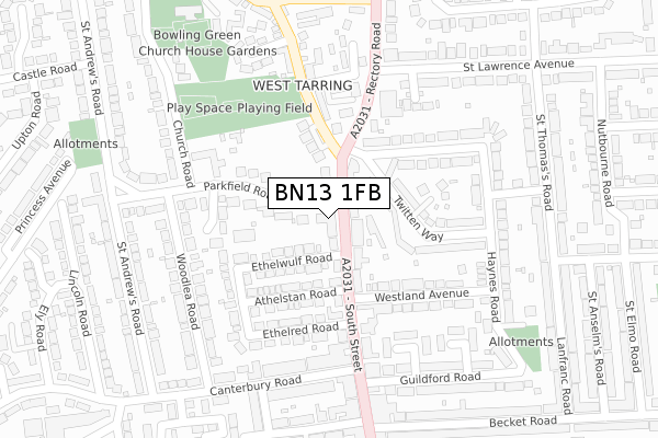 BN13 1FB map - large scale - OS Open Zoomstack (Ordnance Survey)