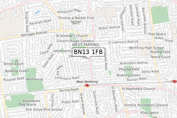 BN13 1FB map - small scale - OS Open Zoomstack (Ordnance Survey)