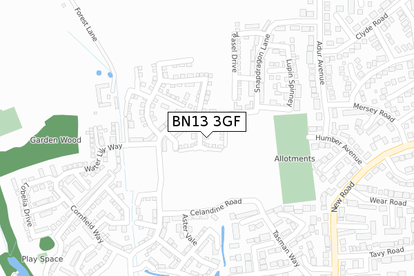 BN13 3GF map - large scale - OS Open Zoomstack (Ordnance Survey)