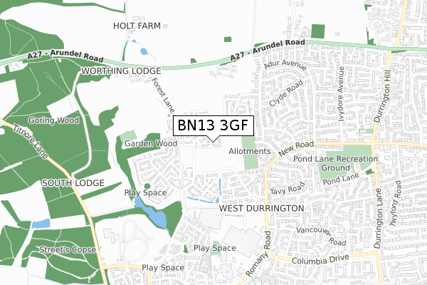 BN13 3GF map - small scale - OS Open Zoomstack (Ordnance Survey)
