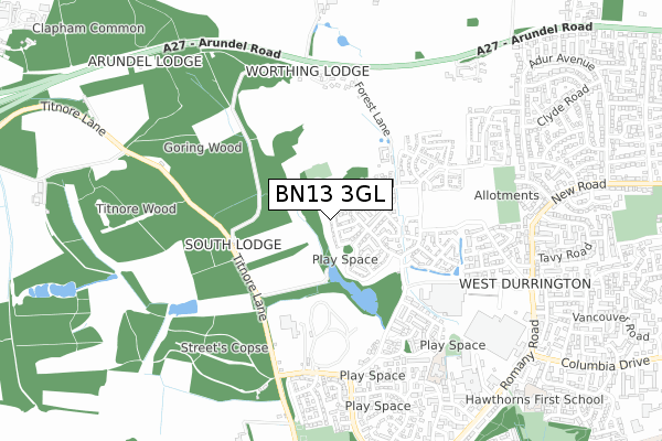 BN13 3GL map - small scale - OS Open Zoomstack (Ordnance Survey)