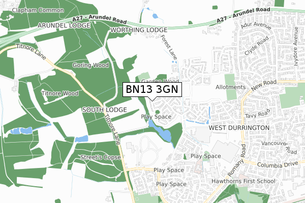BN13 3GN map - small scale - OS Open Zoomstack (Ordnance Survey)