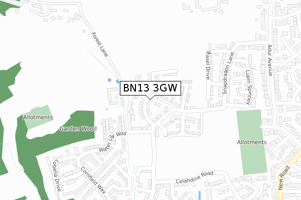 BN13 3GW map - large scale - OS Open Zoomstack (Ordnance Survey)