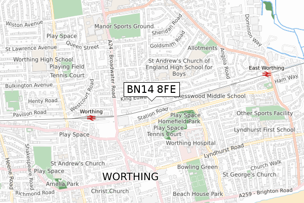 BN14 8FE map - small scale - OS Open Zoomstack (Ordnance Survey)