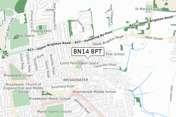 BN14 8PT map - small scale - OS Open Zoomstack (Ordnance Survey)