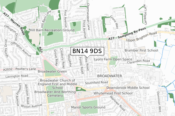 BN14 9DS map - small scale - OS Open Zoomstack (Ordnance Survey)