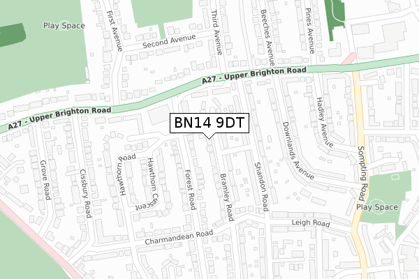 BN14 9DT map - large scale - OS Open Zoomstack (Ordnance Survey)