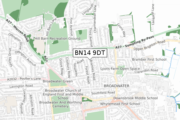 BN14 9DT map - small scale - OS Open Zoomstack (Ordnance Survey)