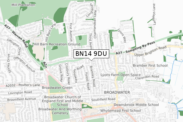 BN14 9DU map - small scale - OS Open Zoomstack (Ordnance Survey)