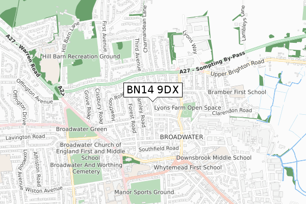 BN14 9DX map - small scale - OS Open Zoomstack (Ordnance Survey)