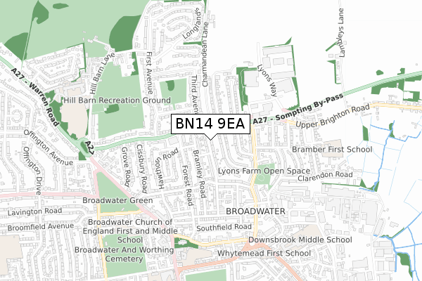 BN14 9EA map - small scale - OS Open Zoomstack (Ordnance Survey)