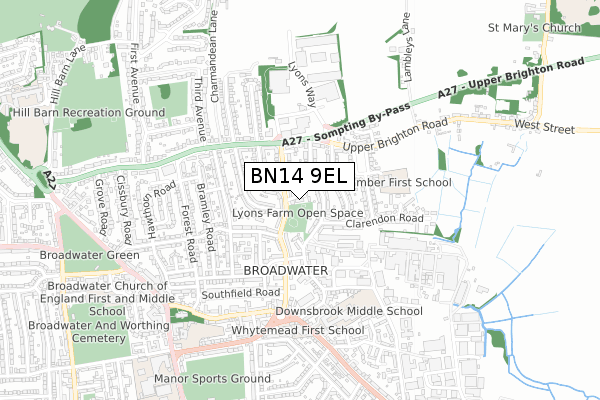 BN14 9EL map - small scale - OS Open Zoomstack (Ordnance Survey)
