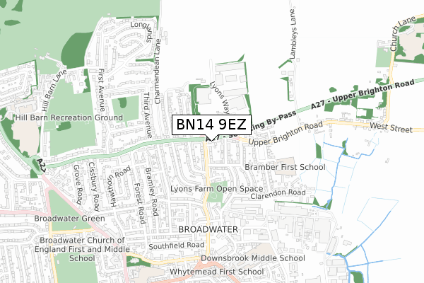 BN14 9EZ map - small scale - OS Open Zoomstack (Ordnance Survey)