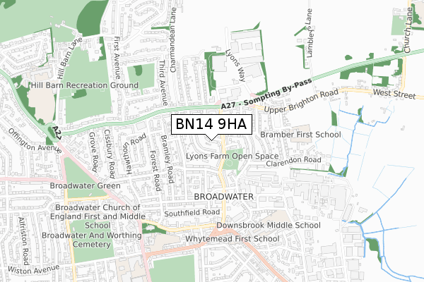 BN14 9HA map - small scale - OS Open Zoomstack (Ordnance Survey)