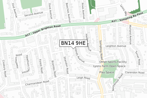 BN14 9HE map - large scale - OS Open Zoomstack (Ordnance Survey)