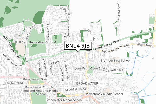 BN14 9JB map - small scale - OS Open Zoomstack (Ordnance Survey)