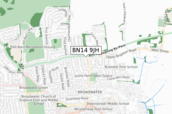 BN14 9JH map - small scale - OS Open Zoomstack (Ordnance Survey)