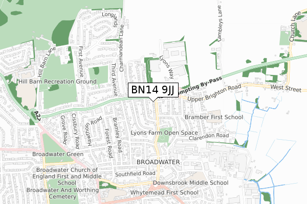 BN14 9JJ map - small scale - OS Open Zoomstack (Ordnance Survey)