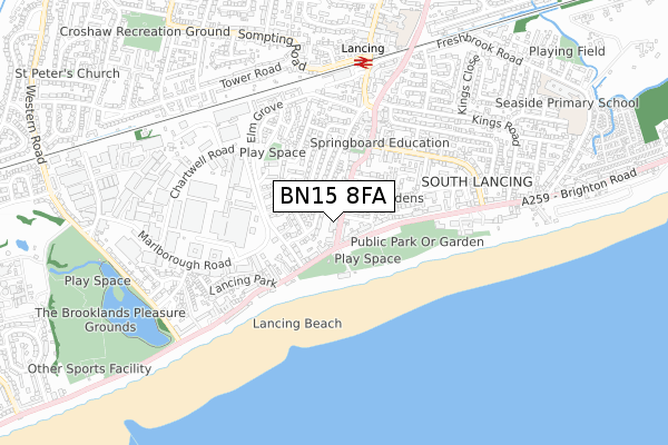 BN15 8FA map - small scale - OS Open Zoomstack (Ordnance Survey)