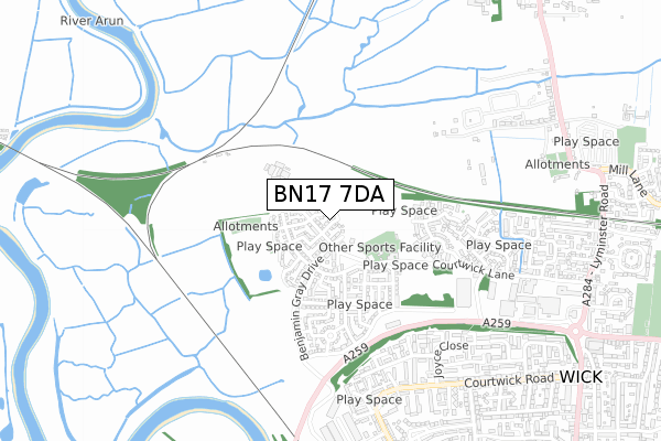 BN17 7DA map - small scale - OS Open Zoomstack (Ordnance Survey)