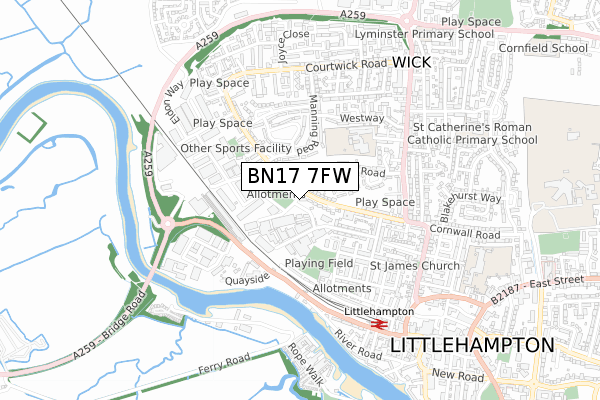 BN17 7FW map - small scale - OS Open Zoomstack (Ordnance Survey)