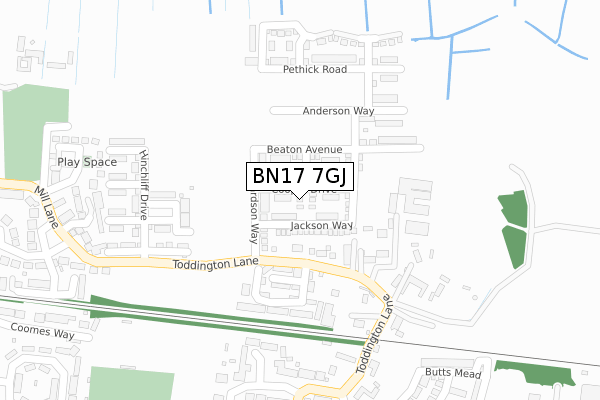 BN17 7GJ map - large scale - OS Open Zoomstack (Ordnance Survey)