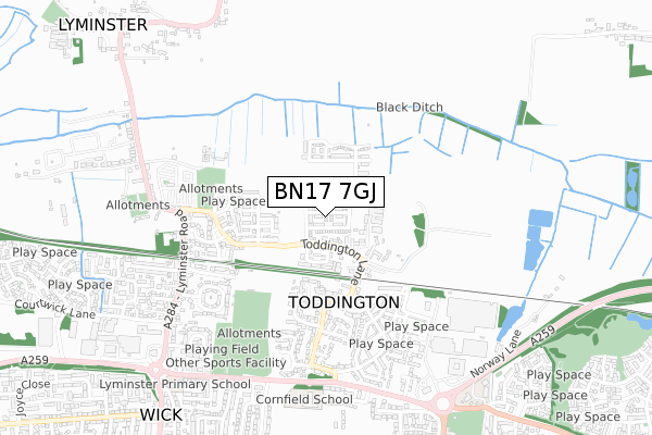 BN17 7GJ map - small scale - OS Open Zoomstack (Ordnance Survey)