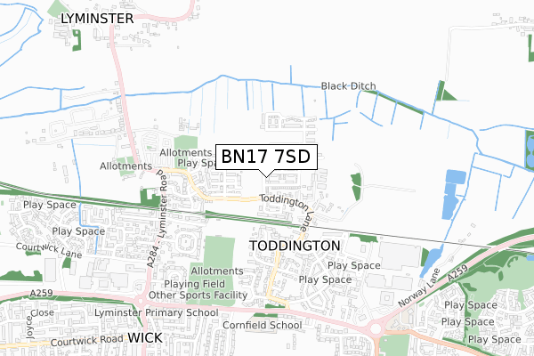 BN17 7SD map - small scale - OS Open Zoomstack (Ordnance Survey)