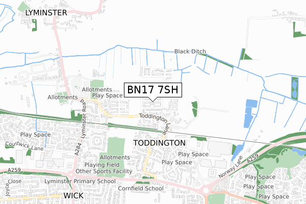 BN17 7SH map - small scale - OS Open Zoomstack (Ordnance Survey)