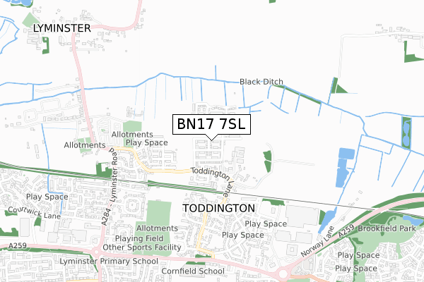 BN17 7SL map - small scale - OS Open Zoomstack (Ordnance Survey)