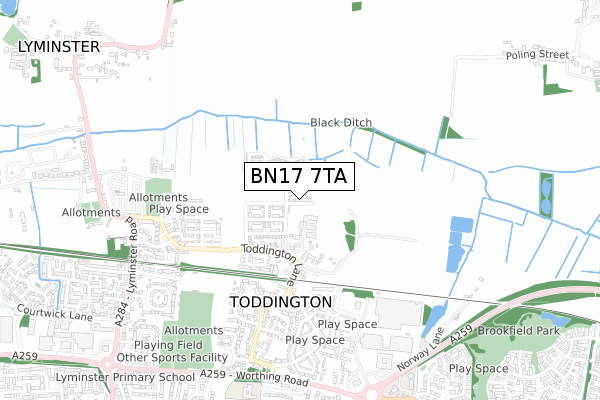 BN17 7TA map - small scale - OS Open Zoomstack (Ordnance Survey)