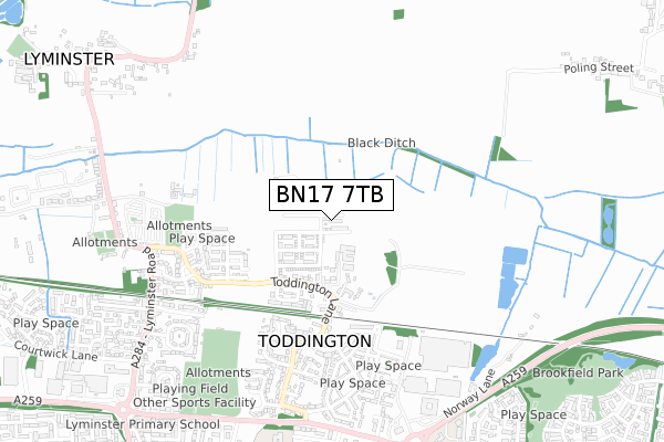 BN17 7TB map - small scale - OS Open Zoomstack (Ordnance Survey)