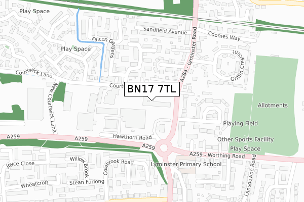 BN17 7TL map - large scale - OS Open Zoomstack (Ordnance Survey)