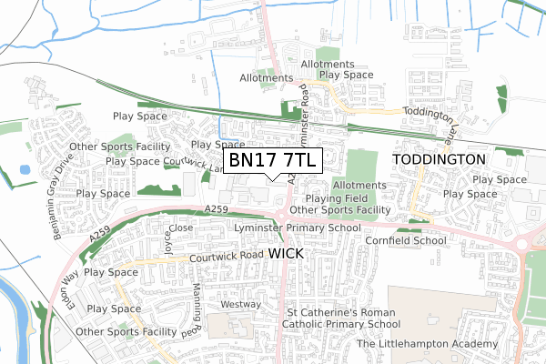 BN17 7TL map - small scale - OS Open Zoomstack (Ordnance Survey)